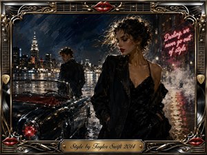 A glamorous woman in black stands beside a sleek vintage convertible on a rain-soaked city waterfront, while a distant man and glowing skyline suggest romantic tension. Deep blues, glossy blacks, vivid red neon, and warm gold reflections create cinematic nighttime drama. Painterly textures, chrome details, red lips, and ornate musical framing enhance the sophisticated mood.