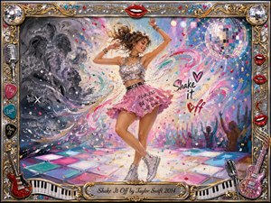 A joyful young woman dances across a glowing pastel dance floor, surrounded by swirling confetti, sparkling light, and dissolving gray whispers of criticism. Vibrant pinks, blues, silver, and gold create an energetic acrylic-painted atmosphere. An ornate chrome-and-gold musical frame, disco balls, guitars, microphones, red lips, and piano keys complete the playful composition.