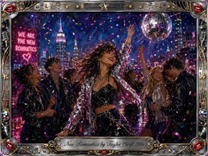 A vibrant acrylic-style rooftop celebration unfolds beneath a neon city skyline, with joyful young friends dancing amid confetti, streamers, and mirrored disco light. Rich magenta, cobalt, crimson, silver, and gold create an energetic nighttime glow. An ornate chrome-and-gold music-themed frame surrounds the scene, finished with a scripted title plate.