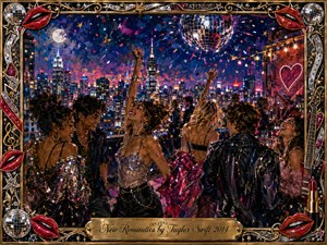 A vibrant rooftop celebration unfolds beneath a glittering disco ball, with stylish friends dancing against a luminous city skyline. Rich blues, magentas, golds, and reds create an exhilarating nightlife mood. Expressive painterly textures, sparkling confetti, neon details, and dramatic lighting are enclosed by an ornate music-inspired metallic frame.