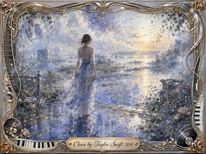 A solitary woman in a flowing blue dress stands beside a rain-washed lake, facing a luminous sunrise. Cool blues, silvery grays, and soft gold create a calm, cleansing mood. Impressionistic watercolor textures blur fading figures into mist, while roses, records, piano keys, strings, and ornate goldwork frame the reflective scene.