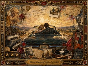 A nostalgic mixed-media painting shows a couple embracing in a vintage convertible beneath a glowing golden sky, surrounded by roses, guitars, records, photographs, handwritten notes, and concert memorabilia. Rich amber, crimson, black, and brass tones create a dreamy romantic mood, while the ornate gold frame reinforces the feeling of treasured memories fading through time.