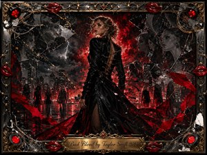 A fierce woman in a flowing black dress stands against a rain-soaked city, surrounded by fractured glass, shadowy figures, and ghostlike faces. Crimson splashes blaze through charcoal blacks beneath dramatic storm lighting. The darkly glamorous mixed-media composition is enclosed by ornate gold metalwork, red lips, tangled wires, and a polished engraved title plate.