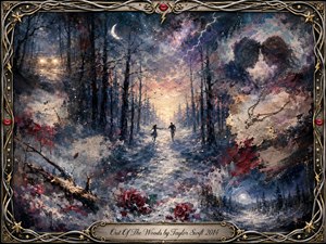 A dreamlike winter forest stretches toward a glowing dawn, where two distant figures run hand in hand through snow and mist. Deep blues, silver grays, crimson roses, and warm gold create anxious romance. Painterly oil, acrylic, and watercolor textures blend with headlights, lightning, fading faces, a necklace, and an ornate metallic frame.
