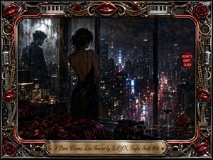 A solitary woman stands before rain-streaked windows overlooking a glittering midnight city, while a shadowed male figure lingers behind the glass. Deep blacks, crimson roses, neon red, chrome, and gold create a tense, seductive mood. Dramatic low lighting, reflective surfaces, musical ornamentation, and ornate framing give the scene cinematic, romantic melancholy.