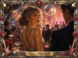 A glamorous woman turns toward a mysterious man in a lively nightclub, surrounded by warm golden light, sparkling pink highlights, roses, cocktails, and a glowing disco ball. Rich painterly textures create a romantic, flirtatious mood, while ornate chrome-and-gold framing, red lips, guitars, picks, and mirrored accents heighten the theatrical elegance.
