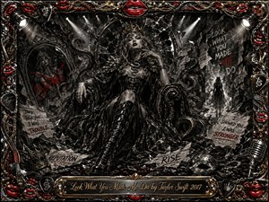 A commanding crowned woman sits on an ornate throne amid shattered mirrors, coiling serpents, torn papers, and theatrical debris. Mostly black, silver, and charcoal tones are punctuated by crimson lips and gold accents. Harsh spotlights cut through smoky darkness, creating a defiant, vengeful mood within a richly detailed gothic mixed-media composition.