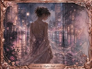 A solitary woman in a flowing blush gown walks through a rain-soaked city at night, surrounded by shimmering reflections, drifting rose petals, and soft glowing streetlights. Muted pink, lavender, silver, and rose-gold tones create a vulnerable, romantic mood. Dreamlike watercolor textures blend with an ornate musical frame and engraved title plate.