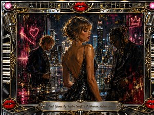 A glamorous trio stands against a rain-soaked nighttime city skyline, centered on an elegant woman in a shimmering black dress with two sharply dressed men beside her. Neon pink, gold, black, and electric blue create a seductive, high-stakes mood. Expressive oil-paint textures, dramatic reflections, chrome microphones, piano keys, red lips, and ornate gold detailing frame the scene.