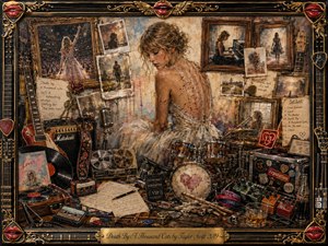 A somber blonde woman in a flowing pale dress sits at the center of a richly layered musical memory collage. Guitars, drums, records, photographs, handwritten notes, pedals, and tour memorabilia surround her beneath warm sepia and golden light. Ornate black-and-gold framing, red lips, and painterly textures create a nostalgic, melancholic atmosphere.