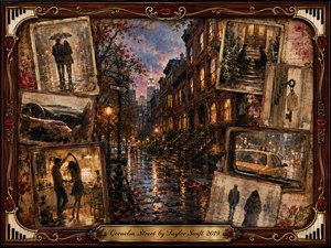 A rain-soaked New York street glows beneath amber lamps, surrounded by faded romantic memories in overlapping vintage frames. Warm browns, golds, roses, and blue-gray twilight create a tender, wistful mood. Painterly oil, acrylic, and watercolor textures blend with ornate rosewood, piano keys, musical filigree, and an engraved title plate.