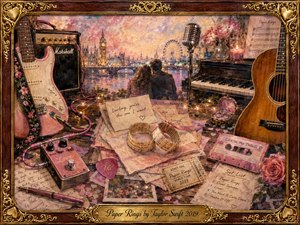 A richly textured romantic still life frames a dreamy London riverside at sunset, where a couple embraces amid glowing city lights. Pink guitars, piano keys, roses, handwritten notes, paper rings, cassette tape, pedals, and concert memorabilia fill the foreground. Warm gold, blush, and amber tones create a joyful, nostalgic painted atmosphere.