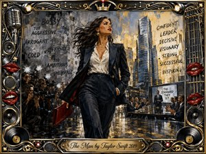A confident woman strides through a gleaming corporate cityscape, surrounded by photographers, boardrooms, and contrasting labels of criticism and praise. Rich navy, charcoal, gold, ivory, and crimson tones glow beneath dramatic urban lighting. Painterly acrylic textures, reflective streets, ornate musical motifs, and an elaborate metallic frame reinforce themes of ambition, power, and double standards.