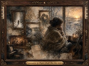 A solitary figure wrapped in a heavy shawl sits beside a frosted winter window, surrounded by faded framed memories, handwritten pages, a piano, and acoustic guitar. Muted blues, sepia browns, and warm amber light create a melancholic yet hopeful mood, rendered in richly textured oil, acrylic, and watercolor layers.
