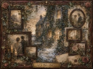 A snow-dusted ivy-covered cottage glows warmly beneath a muted winter sky, surrounded by vintage rosewood frames holding faded portraits, landscapes, roses, and tender memories. Deep greens, sepia browns, antique gold, and candlelight create a wistful atmosphere. Layered oil, acrylic, and watercolor textures evoke secrecy, longing, nostalgia, and enduring love.