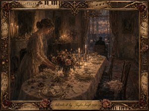 A sorrowful woman carefully arranges an elegant candlelit dinner while a distant figure sits turned away near a twilight window. Warm amber light contrasts with cool blue shadows, emphasizing loneliness and emotional distance. Rich oil-paint textures, wilted roses, scattered petals, ornate tableware, and a gilded music-themed frame create a haunting, intimate atmosphere.