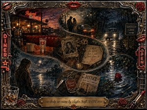 A richly textured noir-Americana collage unfolds around a rain-soaked diner, moonlit lake, shadowy roads, and ominous vehicles, suggesting mystery and concealed wrongdoing. Deep charcoal blues, rusty reds, and warm amber lights create tense cinematic contrast. Curving memory scenes, weathered clues, roses, chrome, strings, and ornate gold detailing fill the dramatic frame.