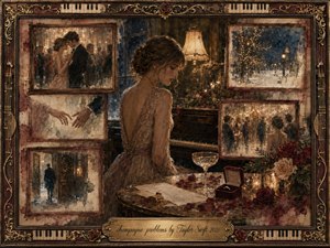 A solitary woman in an elegant gown sits beside a piano and champagne glass, surrounded by faded framed memories of romance, dancing, snowfall, and separation. Warm amber lamplight contrasts with deep browns, burgundy roses, and winter blues. Painterly textures, antique frames, scattered petals, and an open ring box create a tender, melancholy atmosphere.