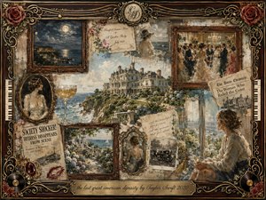 A grand seaside mansion anchors a nostalgic collage of faded portraits, elegant parties, handwritten letters, ocean views, and vintage photographs. Warm sepia, cream, blue, and antique gold tones glow beneath soft coastal light. Ornate rosewood-and-gold framing, musical details, roses, records, and the engraved title plate create a richly layered, romantic historical atmosphere.