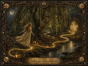 A young woman in a flowing cream dress follows a glowing golden path through a moonlit willow grove beside a reflective stream. Warm lanterns, candles, and firefly-like lights create an enchanted, romantic mood. Rich oil-paint textures blend deep greens, browns, blues, and amber gold, framed by ornate roses, stars, and musical filigree.