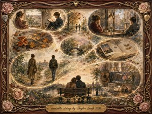 A warm nostalgic collage traces two lives connected by glowing golden threads winding through childhood, autumn walks, quiet cafes, bridges, journals, and shared sunsets. Soft amber, rose, cream, and muted brown tones glow beneath painterly watercolor and oil textures, framed by dark rosewood, delicate roses, musical ornaments, and an engraved brass title plate.