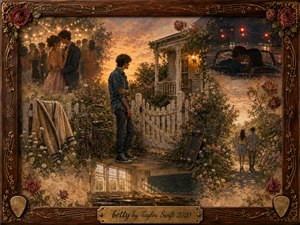 A wistful teenage boy waits beside a white garden gate at sunset, surrounded by roses, wildflowers, a bicycle, and skateboard. Faded memories of a school dance, a nighttime car kiss, an empty classroom, and a departing couple blend around him. Warm amber, dusty rose, and denim tones create a tender painterly nostalgia.