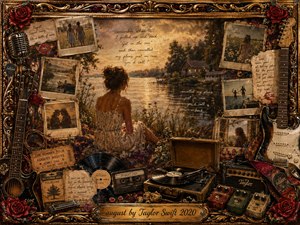 A wistful young woman sits beside a glowing lakeside at sunset, surrounded by faded photographs, handwritten notes, roses, guitars, records, and vintage music memorabilia. Warm amber, gold, brown, and crimson tones create nostalgic tenderness. Rich oil-painted textures, soft atmospheric light, and an ornate gilded frame evoke treasured summer memories slowly fading with time.