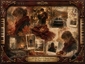 A nostalgic autumn collage frames a pensive woman in a deep red scarf among fading memories of dancing, road trips, quiet rooms, and scattered photographs. Warm sepia, rust, crimson, and gold tones glow softly through painterly oil, acrylic, and watercolor textures, enclosed by ornate rosewood, musical details, roses, and an engraved title plate.