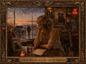 A richly textured oil painting shows a wistful woman seated in a rustic country bar, watching a lone figure disappear toward a pickup at sunset. Warm amber, copper, and deep brown tones glow through rain-streaked windows. Vintage posters, an acoustic guitar, whiskey, handwritten notes, roses, and ornate gold framing deepen the nostalgic mood.