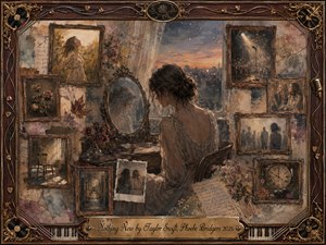 A solitary young woman sits at a vanity amid fading framed memories, dried roses, handwritten letters, and ghostly reflections. Warm sepia, dusty rose, muted blue, and antique gold create a wistful twilight mood. Painterly oil, acrylic, and watercolor textures blend nostalgia with melancholy, enclosed by an ornate music-themed rosewood frame.