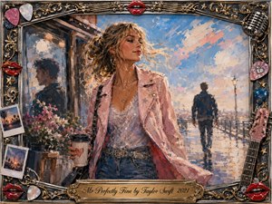A confident woman in a pink leather jacket strides along a sunlit waterfront promenade as a distant man walks away behind her. Soft blue skies, blush clouds, reflective pavement, and lively floral accents create bittersweet independence. Thick impressionistic brushwork is enclosed by an ornate chrome-and-gold music-themed frame with red lips, guitar details, photographs, and an engraved title plate.