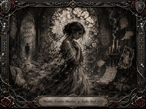 A sorrowful young woman stands in a ruined gothic chapel, surrounded by shattered stained glass, drifting papers, fading childhood photographs, candles, and a distant shadowy figure. Deep charcoal textures, smoky blacks, silvery grays, sepia highlights, and restrained crimson accents create a haunted, reflective mood, framed by ornate metalwork, roses, barbed wire, and guitar details.
