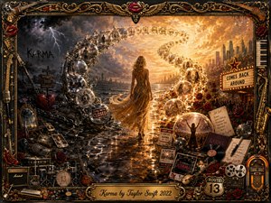 A golden-haired woman in a shimmering gown walks along a reflective path between storm-dark memories and radiant city light. Curving bubbles form an S-shaped timeline overhead, suggesting fate and consequence. Rich gold, black, crimson, and amber tones glow dramatically within an ornate rock-inspired frame filled with instruments, roses, records, and memorabilia.