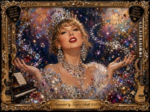 A radiant jeweled figure dominates an ornate gold-framed portrait, surrounded by sparkling gemstones, musical instruments, and shimmering decorative details. Deep midnight blues, warm golds, reds, and crystal highlights create a glamorous, triumphant mood. Dramatic lighting and painterly textures emphasize confidence, luxury, theatrical elegance, and the engraved title plate below.