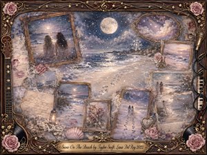 A dreamy moonlit beach unfolds through a nostalgic collage of vintage rosewood frames, snowy waves, footprints, roses, handwritten letters, and distant figures. Soft blues, lavender, blush pink, silver, and antique gold glow beneath falling snow and starlight. Painterly oil, acrylic, and watercolor textures create a romantic, wistful atmosphere.