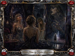 A solitary woman confronts multiple reflections of herself in towering mirrors, surrounded by a dark theatrical interior filled with stars, roses, and distant stage lights. Deep blues, black, silver, and gold create a brooding mood, while expressive oil-painted textures, glowing highlights, red lips, microphones, and ornate metallic framing suggest fractured identity and uneasy self-examination.