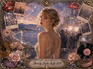 A glamorous woman in a shimmering backless dress stands beside a twilight waterfront, framed by glowing city lights, roses, Polaroids, vinyl records, red lips, and an acoustic guitar. Soft lavender, blush, gold, and midnight blue create a romantic, wistful mood, while painterly textures, sparkling highlights, ornate metallic details, and warm illumination evoke dreamy nostalgia.