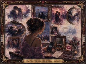 A solitary woman sits beside a twilight window, holding a silent phone while faded romantic memories surround her in ornate rosewood frames. Dusky blues, mauves, blush pinks, and warm gold light create a wistful mood. Layered oil, acrylic, and watercolor textures blend city lights, photographs, roses, musical details, and fading message symbols.