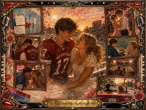 A warm mixed-media collage captures youthful romance through a smiling couple on sunlit football bleachers, surrounded by framed memories of lockers, dances, diner dates, classrooms, and a convertible ride. Rosewood frames, roses, microphones, vinyl, piano keys, and gold details glow in nostalgic reds, creams, pinks, and sunset amber.