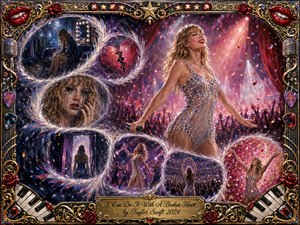 A glittering pop performer commands a radiant concert stage while swirling memory bubbles reveal private sadness, tears, solitude, and triumphant performances. Rich pinks, purples, gold, and midnight blues glow beneath spotlights and confetti. Painterly textures heighten the emotional contrast, framed by ornate musical motifs, roses, microphones, piano keys, and a gold title plate.