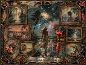 A solitary woman walks through a rain-slicked Florida landscape beneath lightning, wind-bent palms, and glowing motel neon. Vintage rosewood frames surround faded memories of swamps, beaches, flowers, storms, and a red convertible. Teal, coral, gold, and crimson tones blend through textured oil, acrylic, and watercolor, creating a haunted, cinematic nostalgia.