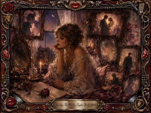 A contemplative woman sits beside a candlelit window, surrounded by ornate framed memories of romance and longing. Warm amber, burgundy, rose, and shadowed brown tones create an intimate, dreamlike mood. Painterly textures blend oil and watercolor effects, while roses, handwritten pages, metallic musical details, and a sculpted frame deepen the nostalgic atmosphere.