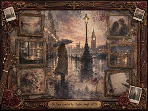 A solitary woman walks beneath an umbrella along a rain-soaked London embankment, surrounded by faded framed memories of romance, roses, handwritten letters, and glowing city scenes. Muted browns, dusky blues, and warm gold light create wistful melancholy. Layered oil-paint textures, antique rosewood framing, musical details, and Big Ben reinforce a tender farewell.