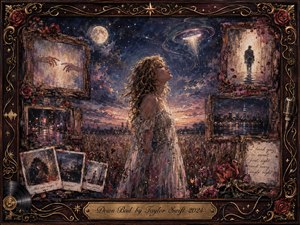 A solitary woman stands beneath a moonlit, star-filled sky, surrounded by ornate frames holding fading memories of love and departure. Deep indigo, dusty rose, cream, and antique gold create a melancholic glow. Painterly oil, acrylic, and watercolor textures blend with roses, Polaroids, celestial light, and musical frame details.