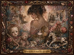 A melancholic young woman stands amid a nostalgic shrine of cracked dolls, worn toys, faded photographs, roses, and scattered pearls. Muted rose, sepia, teal, and antique gold tones glow under soft, dreamlike light. Rich painterly textures, ornate framing, delicate decay, and fractured keepsakes create a tender atmosphere of love, loss, and emotional fragility.