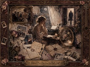 A pensive woman sits at a typewriter amid letters, wilted roses, candles, and fading photographs, surrounded by fragmented memories of romance and departure. Sepia, mauve, cream, and deep wine tones glow under soft candlelight and moonlight. Layered oil, acrylic, and watercolor textures create a nostalgic collage within an ornate rosewood-and-gold frame.