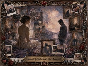 A wistful woman and solitary man inhabit a dreamlike interior overlooking a glowing twilight city, surrounded by faded photographs, roses, and antique frames. Muted mauves, sepia browns, dusty blues, and warm gold light create romantic melancholy. Painterly oil textures blend with watercolor softness, while musical relics and ornate details frame cherished, fading memories.