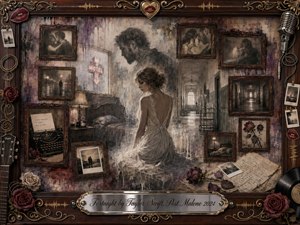A solitary woman in a pale vintage gown sits amid fading motel-room memories, surrounded by rosewood-framed photographs, wilted roses, handwritten letters, Polaroids, and musical relics. Muted sepia, mauve, cream, and charcoal tones create a wistful, haunted mood, while soft diffused light and layered painterly textures blend nostalgia, romance, distance, and emotional decay.