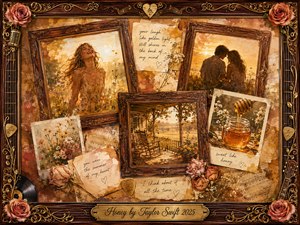 A warm vintage memory collage glows in honey-gold sunlight, blending oil, acrylic, and watercolor textures. Ornate rosewood frames hold romantic summer scenes, wildflowers, a laughing woman, a tender couple, and dripping honey. Roses, musical ornaments, aged notes, and antique gold filigree create a nostalgic, intimate, softly bittersweet atmosphere.