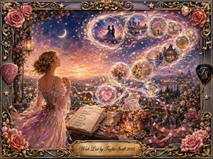 A dreamy woman in a flowing rose-lavender gown stands on a flower-filled balcony at sunset, gazing toward glowing bubbles of imagined wishes swirling across a starry sky. Warm gold, pink, violet, and midnight blue tones create romantic wonder. Ornate roses, musical details, candlelight, handwritten wishes, and gilded framing enrich the painterly fantasy.